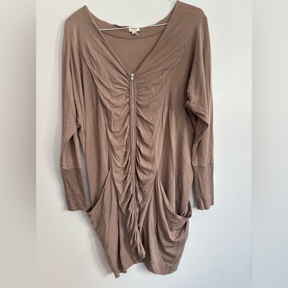 Wilfred Ruched Long Sleeve Tan Chic Zipper Dress Size Medium